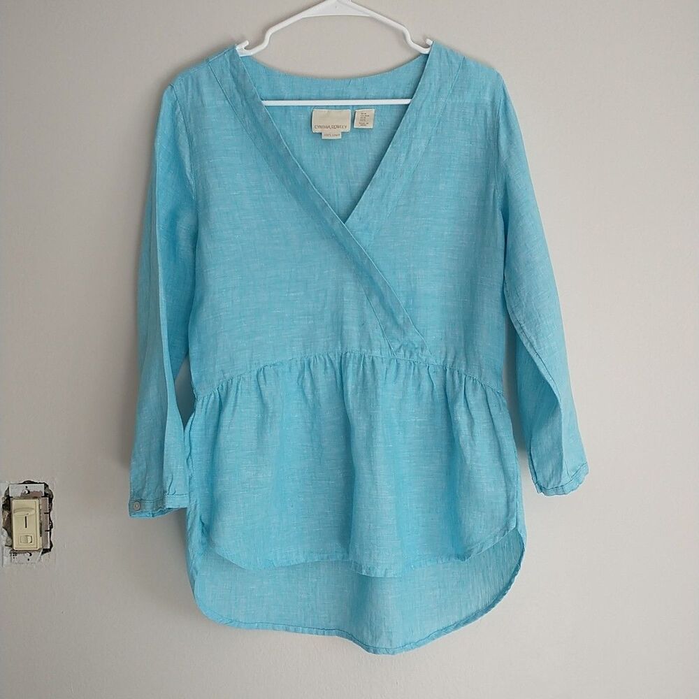 Cynthia Rowley Tunic Blouse Women M/S*Blue 100%Linen Faux Wrap LongSleeve Peplum